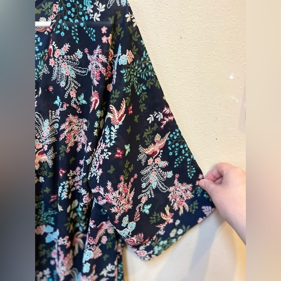 Women’s Navy Blue Pink Floral Colorful Bird Butterfly Sheer Kimono Cardigan OS - Picture 5 of 9